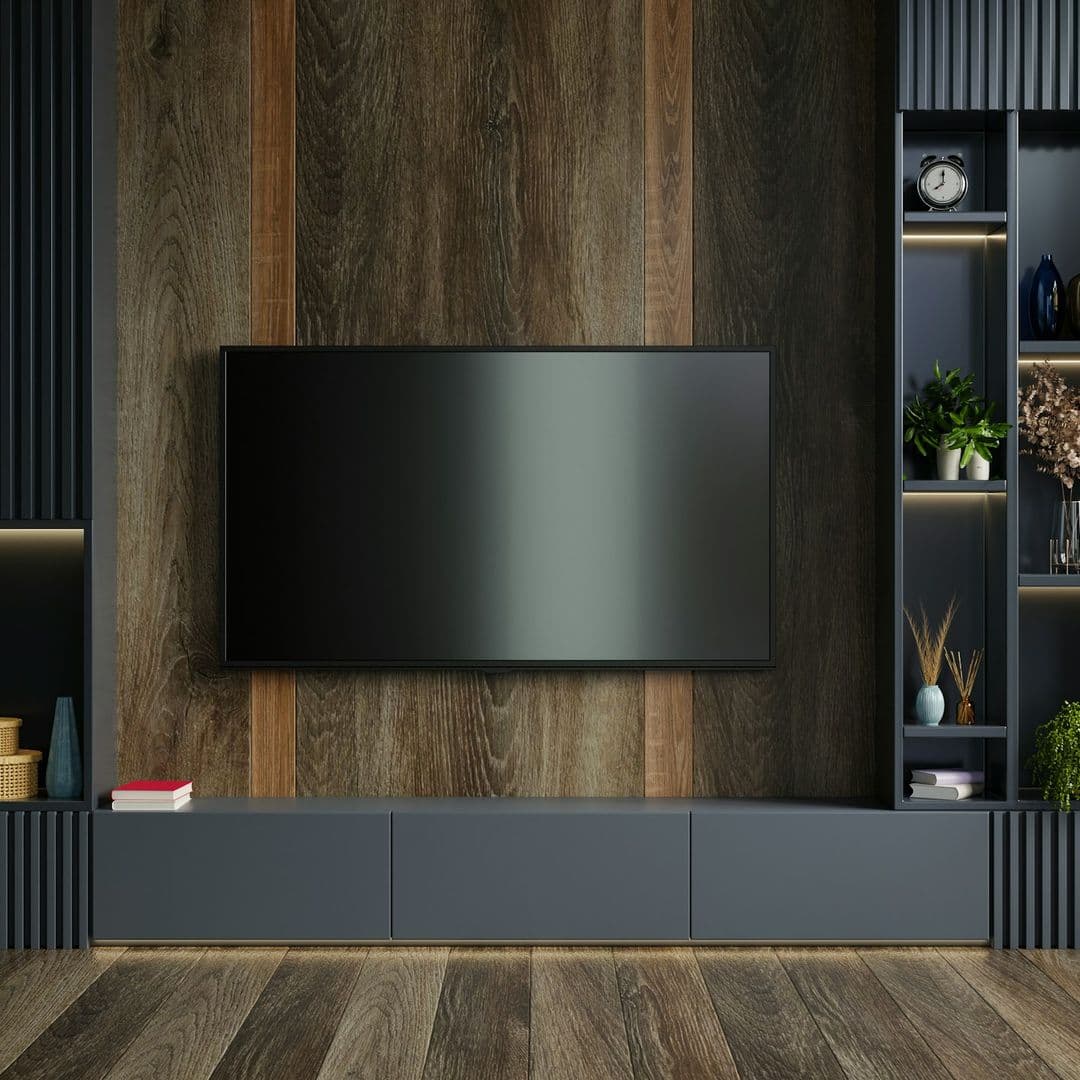 Wohnwand in Holz und Grau